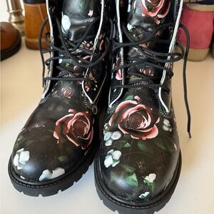 Black Combat & Moto Boots with Floral Pattern